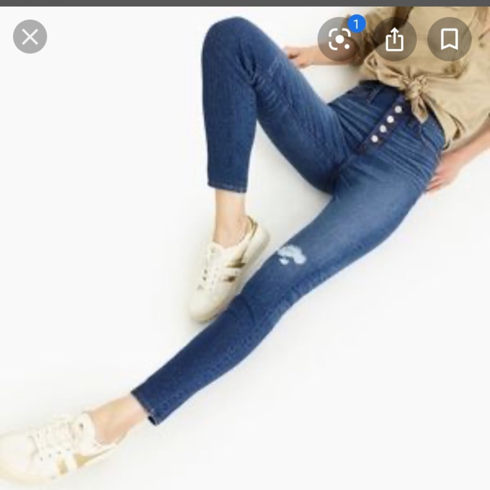 Jcrew button front 10” toothpick jeans ripped knee